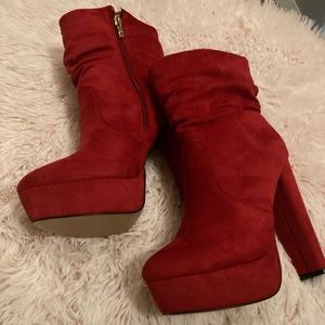 Red faux-suede booties
